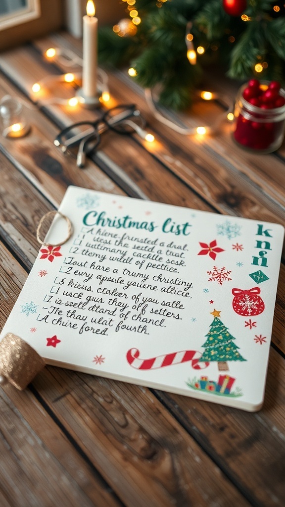 A decorative Christmas list on paper with colorful designs and festive elements on a wooden table.